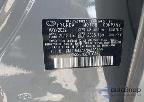 2022 Hyundai Sonata Sel z USA, uszkodzony, nr VIN KMHL64JAXNA229809